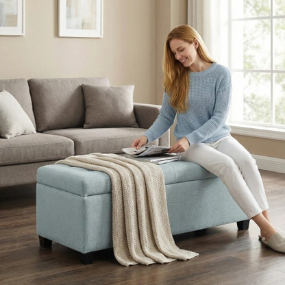 49.75 inch Baby Blue Polyester Tufted Storage Ottoman Bench, 300 LBS Wooden Leg Footrest with Safety Hinge