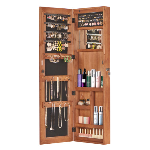 Solid Wood Jewelry Armoire Organizer Cabinet with Full-Length Mirror, 47.5x14.3 in Wall-Mounted Lockable with LED Light