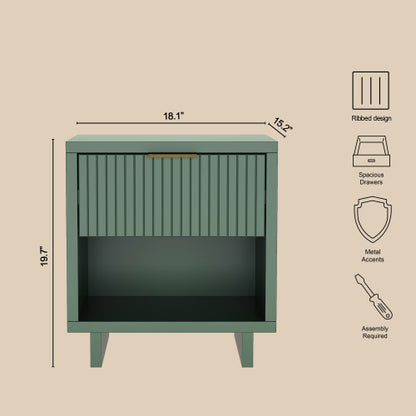 Sage Green Nightstand, 1 Drawer & Shelf, Fluted Front, 18.1inchL¡Á19.7inchH¡Á15.2inchD