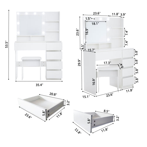 Vanity, Makeup Vanity Desk Set with Mirror & Light, Dressing Table Storage Lots , 3 Lighting Modes with Adjustable Brightness, White with Stool