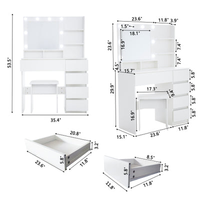 Vanity, Makeup Vanity Desk Set with Mirror & Light, Dressing Table Storage Lots , 3 Lighting Modes with Adjustable Brightness, White with Stool