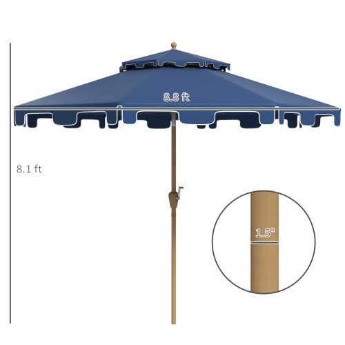 9' Patio Umbrella with Push Button Tilt and Crank, Double Top Ruffled Outdoor Market Table Umbrella with 8 Ribs, for Garden, Deck, Pool, Dark Blue