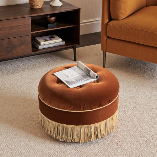24 inch Burnt Orange Performance Velvet Round Ottoman, Vintage Fringe Accent Stool, Handcrafted Hardwood Frame