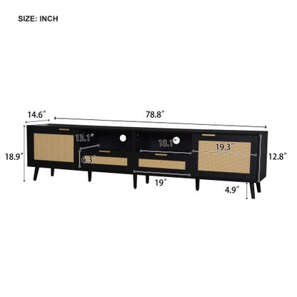 78.74 Inch Farmhouse Rattan TV Stand Solid Wood Leg Media Console Supports 85 Inch TV