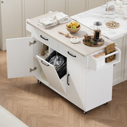 Kitchen Island Cart with Trash Storage Drop Leaf and Adjustable Shelves White