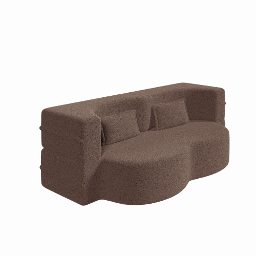 Brown Convertible Sherpa-Fleece Full-Size Floor Sofa-Bed 15 inch  Height with 2 Pillows No-Assembly