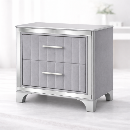 Contemporary Acrylic Nightstand with Two Drawers, Upholstered Bedside Table Featuring Silver Metal Legs, Modern End Table for Bedroom or Living Space (22.64inch  W x 15.75inch  D x 24.13inch  H)