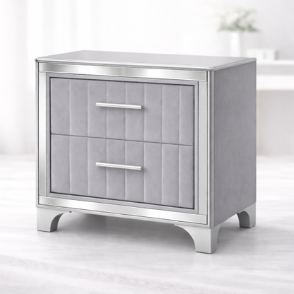 Contemporary Acrylic Nightstand with Two Drawers, Upholstered Bedside Table Featuring Silver Metal Legs, Modern End Table for Bedroom or Living Space (22.64inch  W x 15.75inch  D x 24.13inch  H)