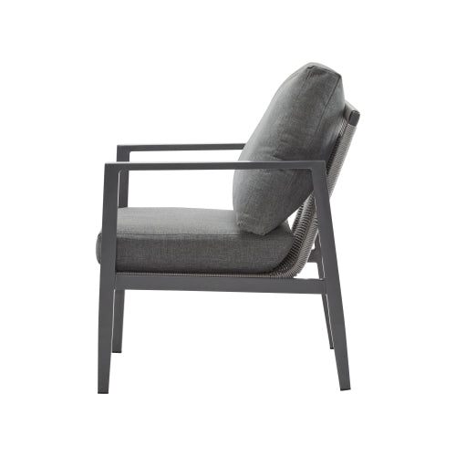Gray Aluminum Lounge Chair with Sleek Rope Accents and Comfortable Cushions, Perfect for Modern Outdoor and Indoor Spaces