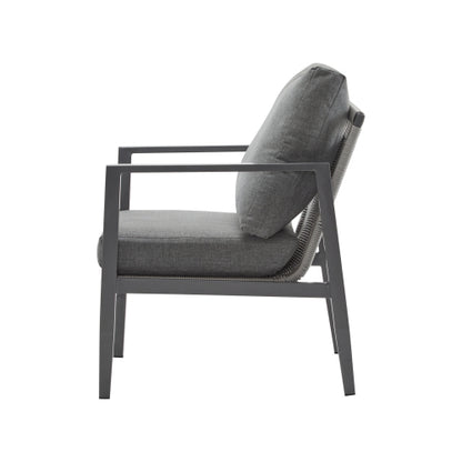 Gray Aluminum Lounge Chair with Sleek Rope Accents and Comfortable Cushions, Perfect for Modern Outdoor and Indoor Spaces