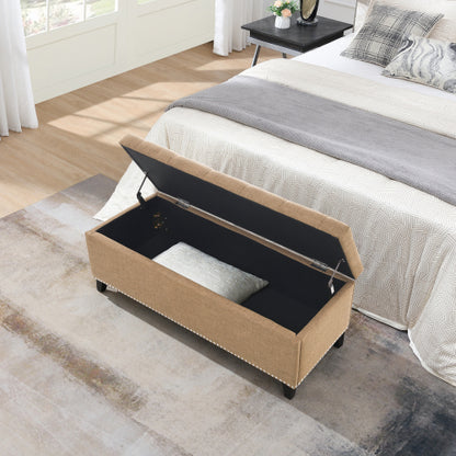 47.5inch  Storage Ottoman, Storage Bench with Safety Close Hinge, Linen Button-Tufted Ottoman for Living Room, Entryway, Hallway, Foot Rest, Support 500lbs - Brown