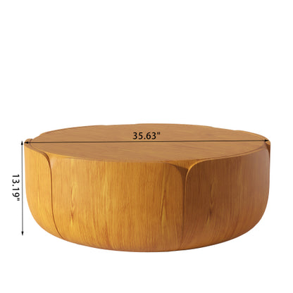 35.63" Round Outdoor Indoor Coffee Table, Modern Wood Grain Drum Center Table, Sturdy MGO (Magnesium Oxide) Waterproof, No-Assembly Table for Patio, Garden, Backyard, Living Room (Wood Color)