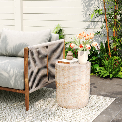 Outdoor/Indoor Lightweight Concrete Side Table,Cylinder Travertine Finish Accent Table