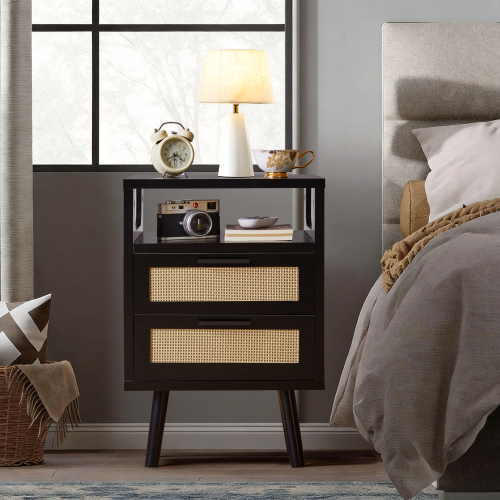 Black 2-Drawer Nightstand Set with Golden Metal Handles