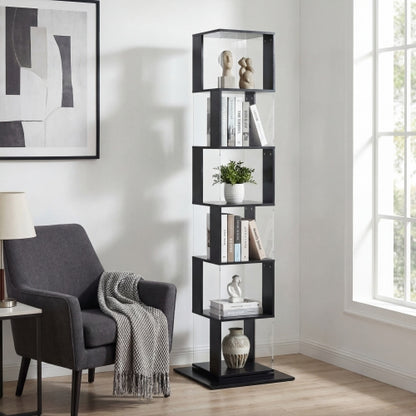6-Tier Black 360¡ã Rotating Bookshelf Particleboard Acrylic Anti-Tall Base Household Multi-Layer Storage Display Shelf