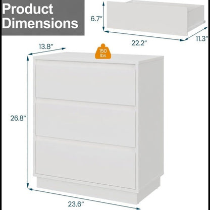 23.6inch Wide 3 Drawer Modern Nightstand, White Storage Bedside Table with Soft Close Drawers