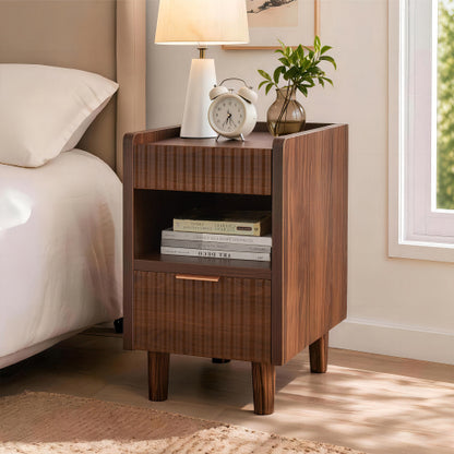 Walnut Fluted Nightstands Set of 2 with Drawer and Open Storage