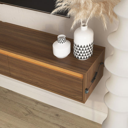 Wall Mount Floating High Gloss TV Cabinet with Touch LED Light Strip & Cable Holes for Living Room