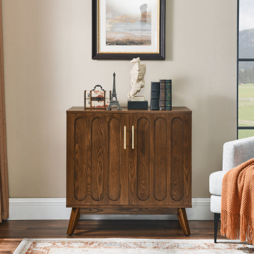 Fluted Sideboard Cabinet with Adjustable Shelves and Wood Legs Walnut Storage