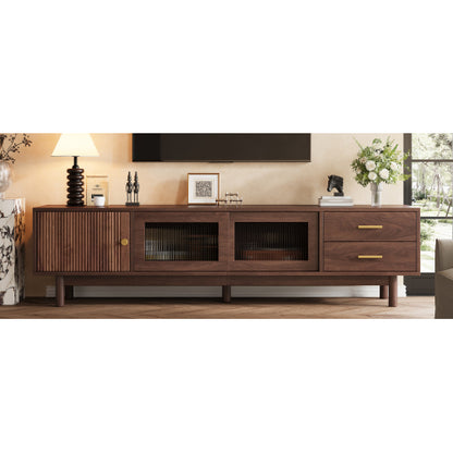 70.86 inch Dark Brown Mid Century Wave Glass Sliding Door TV Stand Pine Leg Console For 80 inch TV