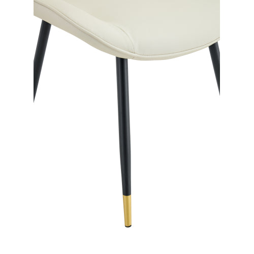 Set of 2 White Leathaire Tech Fabric Dining Chairs, Black Semi-Gloss Metal Leg Gold Trim Adjustable Non-Slip Feet Vertical Stitch High Back