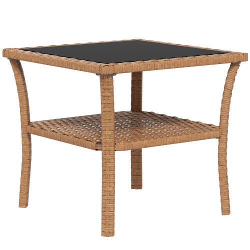 Outsunny Rattan Side Table Outdoor End Table with Storage Shelf Aluminum Frame Tempered Glass Top