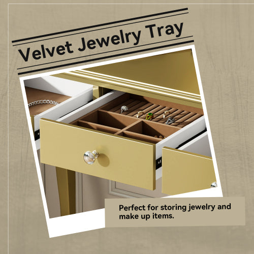 Gold Luxury Oval Mirror Vanity Desk, 41.0 inch *17.5 inch  Tabletop, 3 Drawers, Decorative Console for Entryway & Bedroom