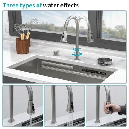 33" Undermount Waterfall Kitchen Sink - 33 x 16.72 x 10 inch Single Bowl 16 Gauge Stainless Steel Ledge Workstation Kitchen Sinks with Pull-Down Faucet & Cup Washer