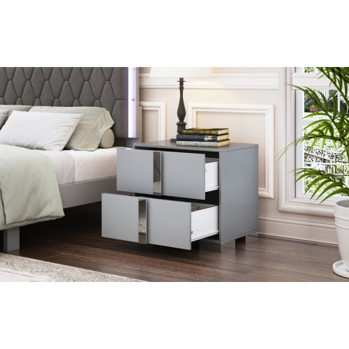 Elegant Nightstand with Metal Foot, Mirrored Bedside Table with 2 Drawers for Bedroom, Living Room, Gray