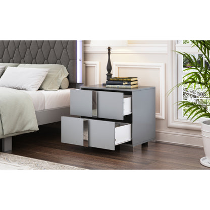 Elegant Nightstand with Metal Foot, Mirrored Bedside Table with 2 Drawers for Bedroom, Living Room, Gray