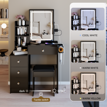 29.2" Small Size Left Bedside Cabinet Vanity Table + Cushioned Stool, 2 AC+2 USB Power Station, Hair dryer bracket, Extra Large Touch Control Sliding LED Mirror, Tri-color Switching, Brightness Adjust