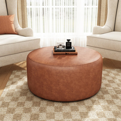 30 Inch Cognac Brown PU Leather Round Ottoman, Upholstered Modular Foot Stool with Pocket Coil Spring Support