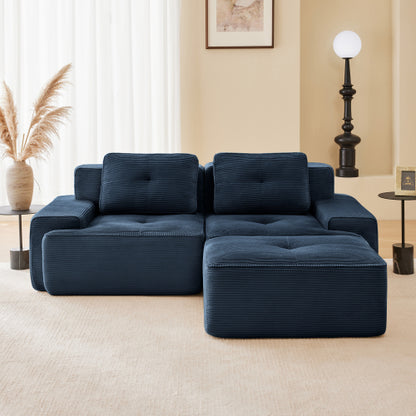 82 inch  Blue Corduroy L-Shape Modular Sofa, Movable Ottoman, No Assembly