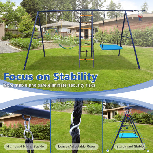 6 in 1 Swing Set With Climbing Ladder, Climbing Net, Trapeze bar, Hammock Swing, Belt Swing, Basketball hoop for Backyard