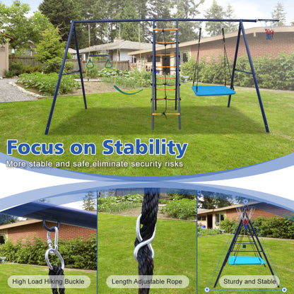 6 in 1 Swing Set With Climbing Ladder, Climbing Net, Trapeze bar, Hammock Swing, Belt Swing, Basketball hoop for Backyard