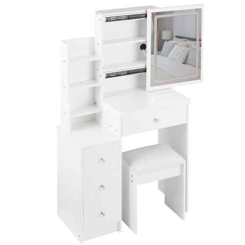 29.2inch  Small Size Left Bedside Cabinet LED Mirror Vanity Table + Cushioned Stool, Large Sliding, Touch Control, 3-color Switch, Brightness Adjust Mirror, High Capacity Storage, EPA, GCC, UL Certificate