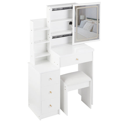 29.2inch  Small Size Left Bedside Cabinet LED Mirror Vanity Table + Cushioned Stool, Large Sliding, Touch Control, 3-color Switch, Brightness Adjust Mirror, High Capacity Storage, EPA, GCC, UL Certificate