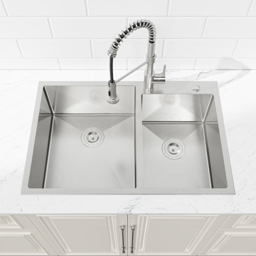 33"x19" Embedded Double Bowl Kitchen Sink, Overmount Handmade Sink in Brushed (Sink only)