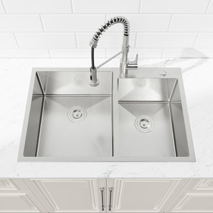 33"x19" Embedded Double Bowl Kitchen Sink, Overmount Handmade Sink in Brushed (Sink only)