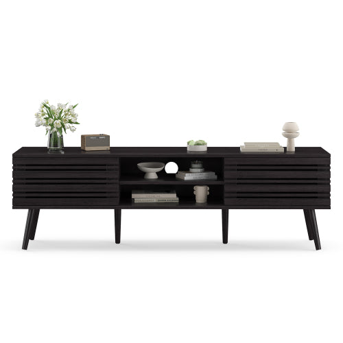 Mid Century Modern 70 inch TV Stand with Fluted Wood Storage Cabinet