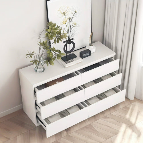 6 Drawer White Dresser, Modern Dresser for Bedroom with Spacious Countertop, Wood Storage Cabinet with Concealed Handles & 6 Deep Drawers for Bedroom, Living Room, Entryway, 15.7" D x 47.2" W x 30.9"
