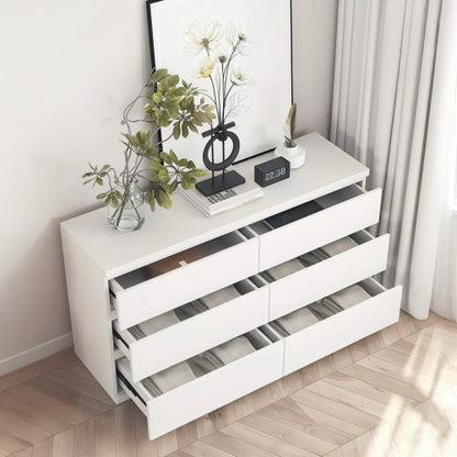 6 Drawer White Dresser, Modern Dresser for Bedroom with Spacious Countertop, Wood Storage Cabinet with Concealed Handles & 6 Deep Drawers for Bedroom, Living Room, Entryway, 15.7" D x 47.2" W x 30.9"