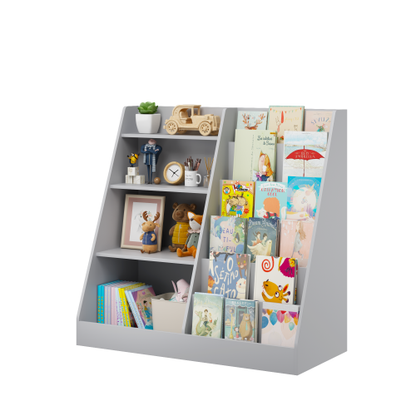 Gray 4-Tier Kids MDF Bookshelf, Multi-use Toy & Book Storage Unit for Nursery Playroom Bedroom