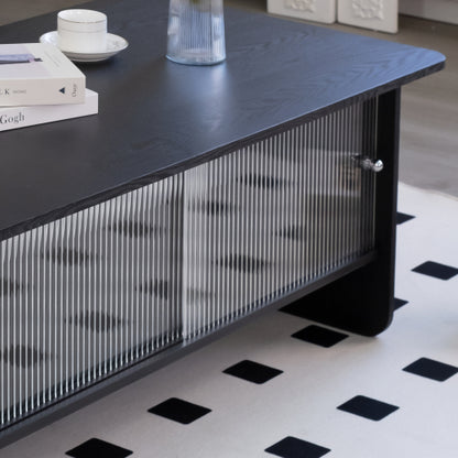 47 Inch Modern Coffee Table with Fluted Glass Sliding Doors, Black