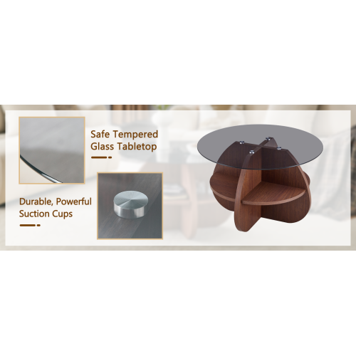 29.5inch  Round Cross-Structure Glass Coffee Table, Walnut Fan-Shaped Storage Base