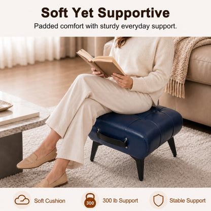 Rectangular Tufted Faux Leather Storage Ottoman with Handle & Metal Legs, Multiuse Footrest for Living Room Entryway