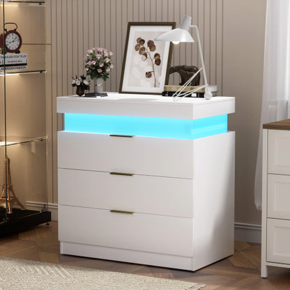 Nightstand with Charging Station and LED Lights,Night Stand with Sliding Top for Bedroom,Bedside Table with Drawers,Modern End Side Table,White.28.8''W x 17''D x 30.5''H.
