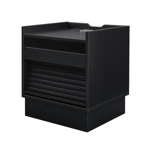 Mid Century Modern Nightstand with Charging Station and LED lights, Night Stand with 2 Drawers, Bedside Tables/End Table for Bedroom or Living Room, Black