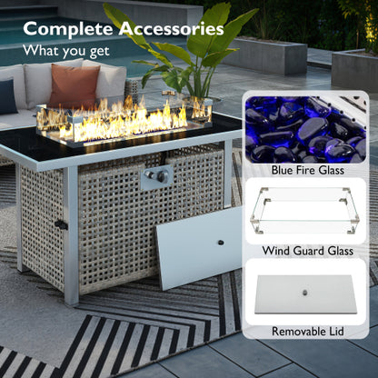 43 Propane Gas Fire Pit Table, 60000 BTU Rectangular Open Weave Wicker Fire Pit with Glass Wind Guard for Outside Patio Deck Garden Backyard