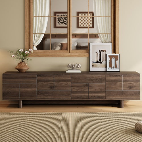 78.7 inch Dark Brown Push-Open TV Stand Solid Pine Leg Media Console Adjustable Shelves For 85 inch TV